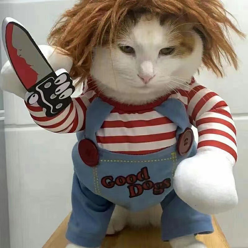 Killer Doll Style Dog Costume Striped Shirt with Overalls and Knife Accessory